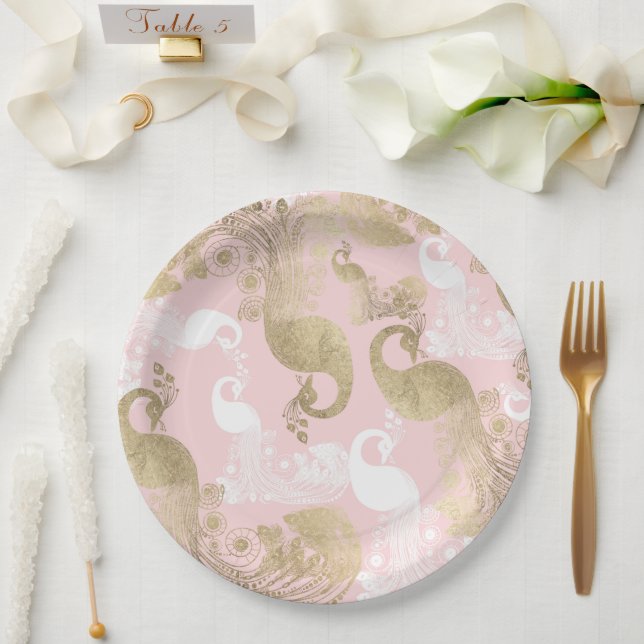 Blush pink white gold royal peacock bird  paper plates (Wedding)
