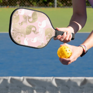 Blush pink white gold royal peacock bird pickleball paddle