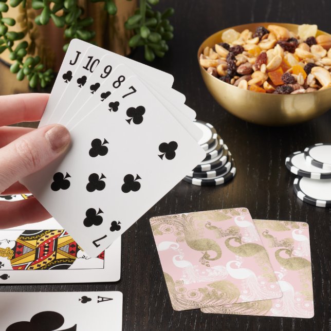 Blush pink white gold royal peacock bird poker cards (In Situ)