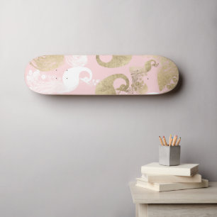 Blush pink white gold royal peacock bird skateboard