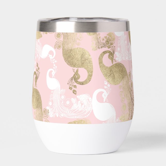 Blush pink white gold royal peacock bird thermal wine tumbler (Back)