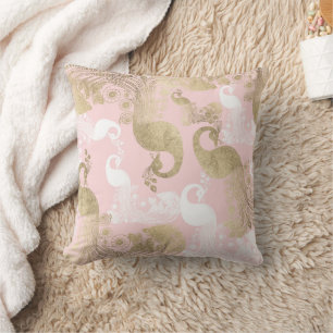 Blush pink white gold royal peacock bird throw pillow