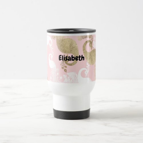 Blush pink white gold royal peacock bird  travel mug