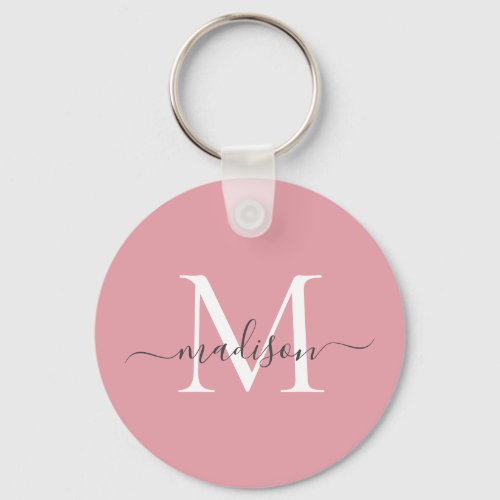 Blush Pink White Gray Monogram Name Girly Script Keychain