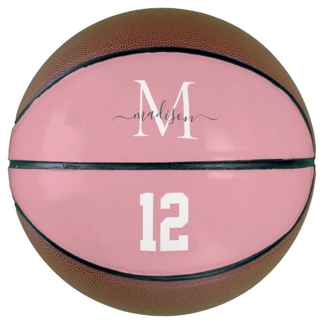 Blush Pink White Gray Monogram Number Girly Script Basketball (Front)