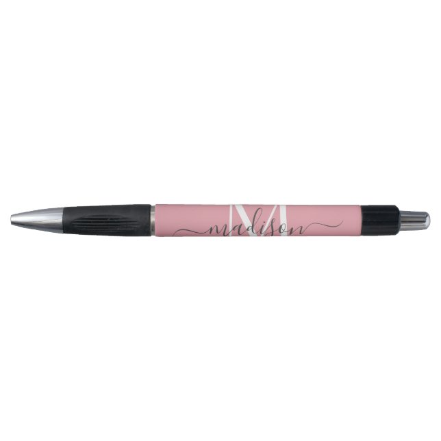 Blush Pink White Gray Monogram Script Name Stylish Pen (Front)
