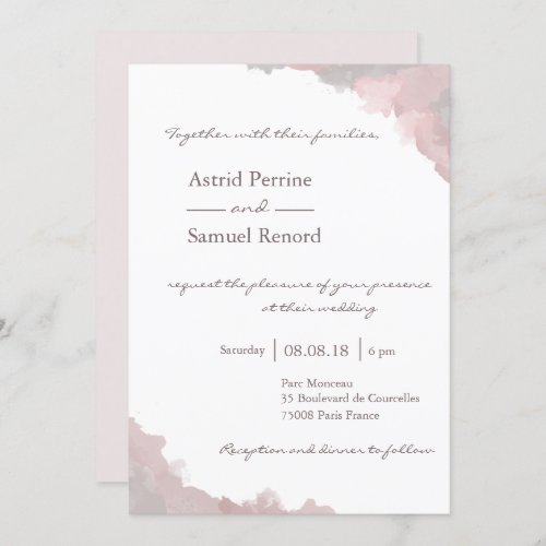 Blush pink white gray watercolor elegant wedding invitation