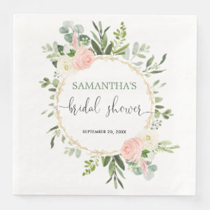 Blush pink white greenery gold floral elegant paper dinner napkins