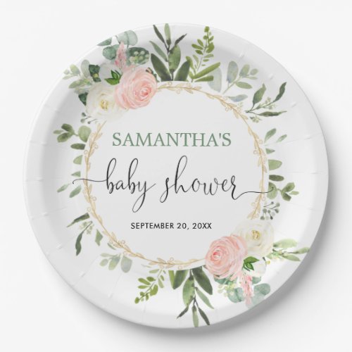 Blush pink white greenery gold floral elegant paper plates