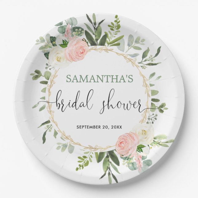 Blush pink white greenery gold floral elegant paper plates (Front)