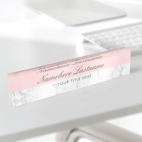 Blush Pink White Grey Marble Elegant Script Desk Name Plate