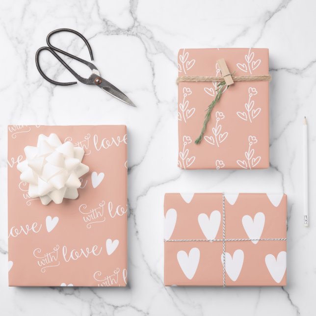 Blush Pink White Hearts Floral With Love  Wrapping Paper Sheets (Front)