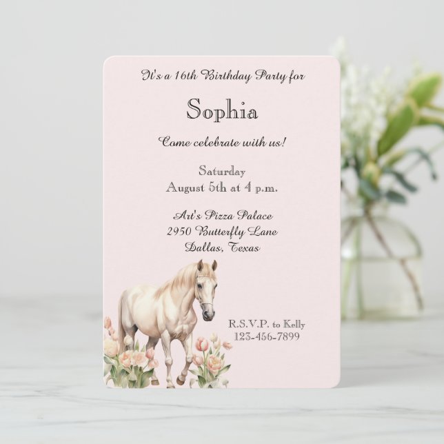 Blush Pink White Horse Tulips Birthday Invitation (Standing Front)