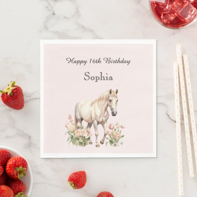Blush Pink White Horse Tulips Birthday Napkins (Insitu)
