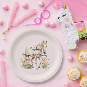 Blush Pink White Horse Tulips Birthday Paper Plates