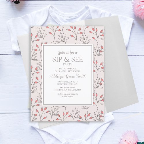 Blush Pink White Leaves Baby Shower Sip and See Invitation