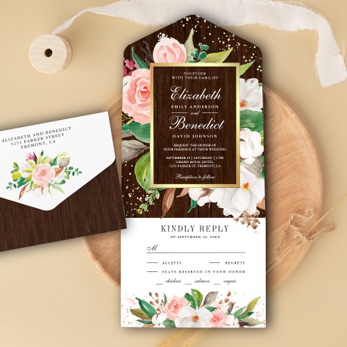 Blush Pink White Magnolia Floral Barn Wood Wedding All In One Invitation