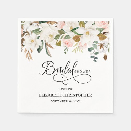 Blush Pink White Magnolia Floral Bridal Shower Napkins