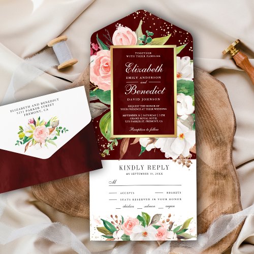 Blush Pink White Magnolia Floral Burgundy Wedding All In One Invitation