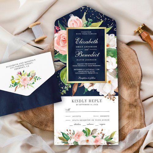 Blush Pink White Magnolia Floral Navy Blue Wedding All In One Invitation