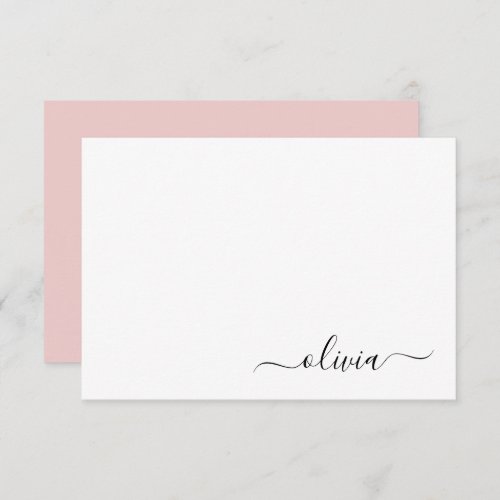 Blush Pink White Modern Script Girly Monogram Name Thank You Card