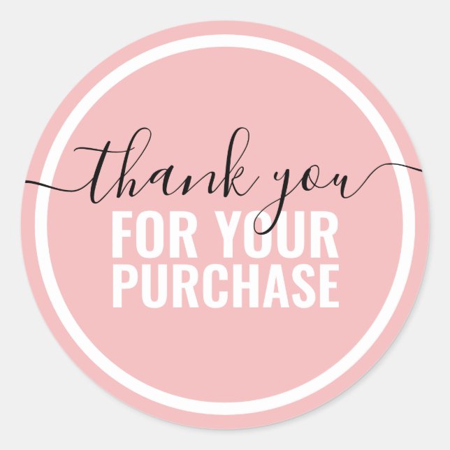 Blush pink white modern thank you script packaging classic round sticker (Front)