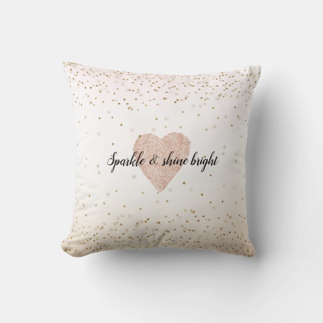 Blush Pink White Peach Ombre Gold Confetti Heart Throw Pillow (Front)