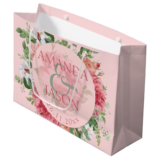Blush Pink White Pretty Floral cute Wedding Favor Large Gift Bag (Front Angled)