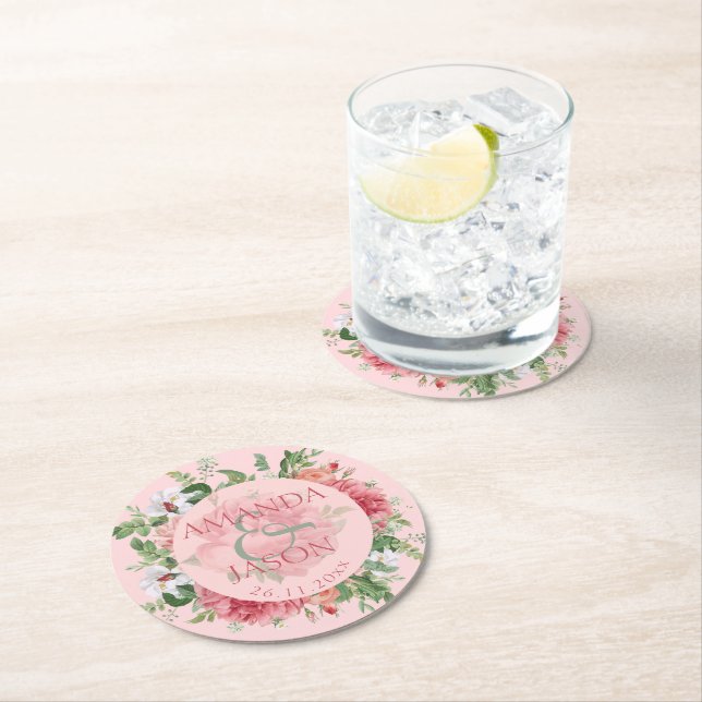 Blush Pink White Pretty Floral cute Wedding Party Round Paper Coaster (Insitu)