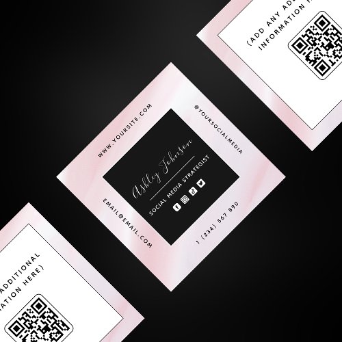 Blush Pink  White QR Code Social Media Modern Square Business Card