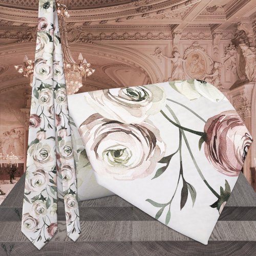 Blush Pink  White Ranunculus Vine Wedding Neck Tie