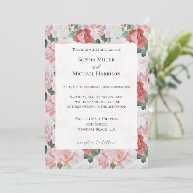 Blush Pink White Red Roses Floral Wedding Invitation (Standing Front)