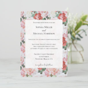 Blush Pink White Red Roses Floral Wedding Invitation