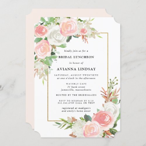 Blush Pink White Rose Floral Bridal Luncheon Invitation