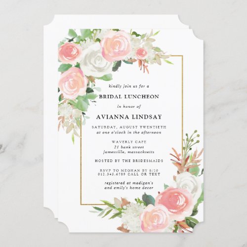 Blush Pink White Rose Floral Bridal Luncheon  Invitation