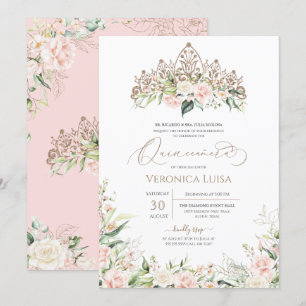 Blush Pink White Rose Floral Elegant Quinceanera Invitation