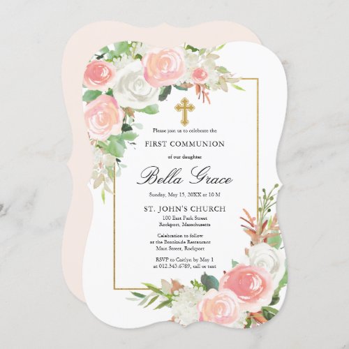 Blush Pink White Rose Floral First Holy Communion Invitation