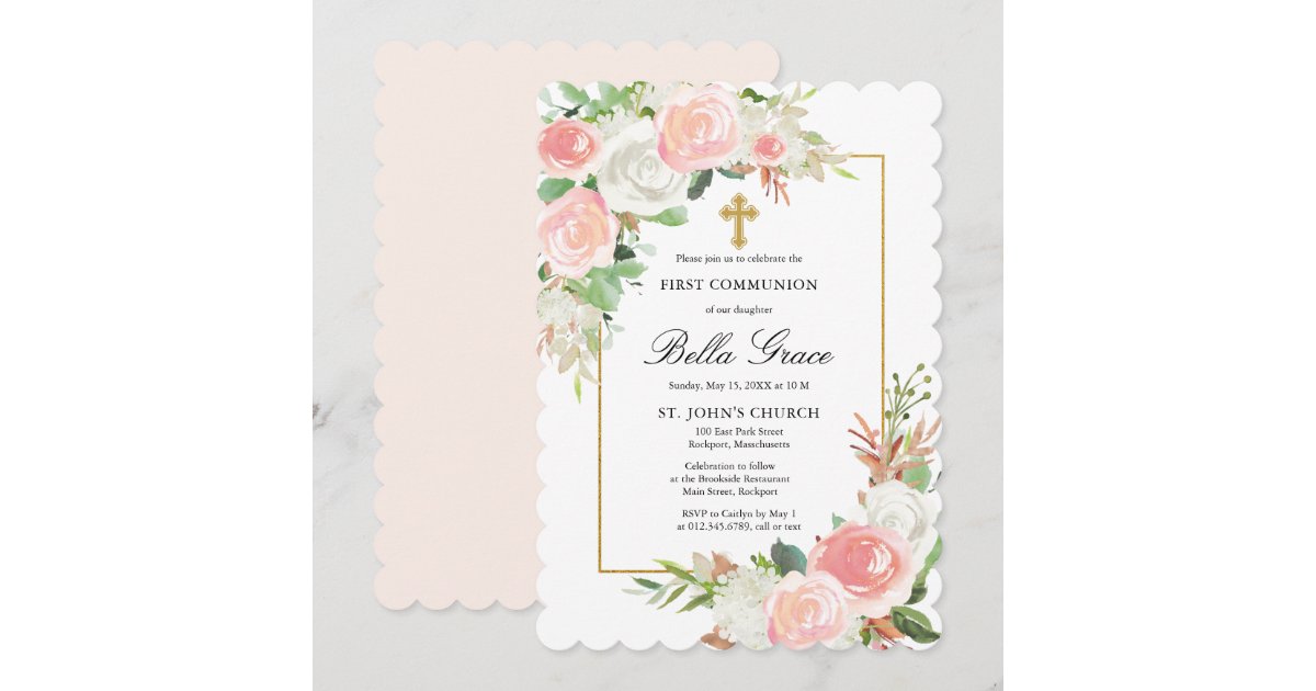 Blush Pink White Rose Floral First Holy Communion Invitation | Zazzle