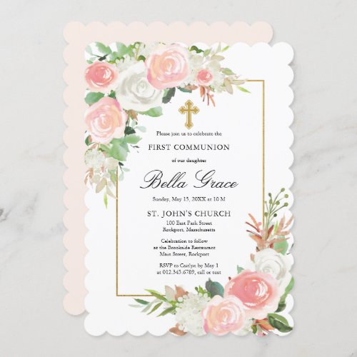 Blush Pink White Rose Floral First Holy Communion Invitation