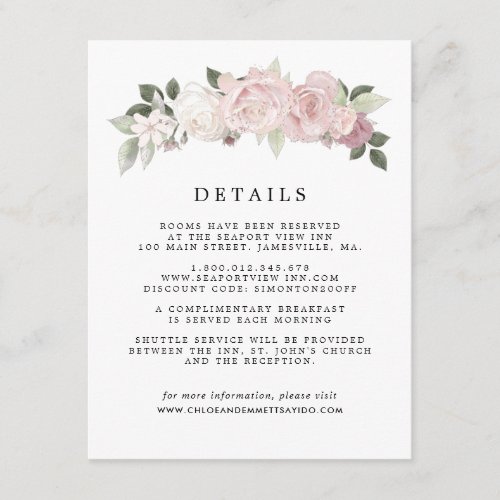 Blush Pink White Rose Floral Wedding Guest Details Enclosure Card