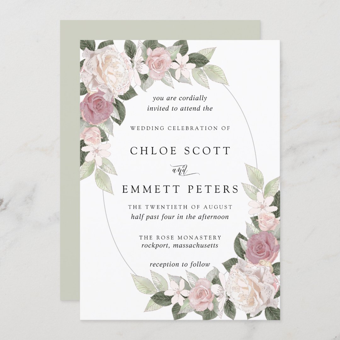 Blush Pink White Rose Floral Wedding Invitation 