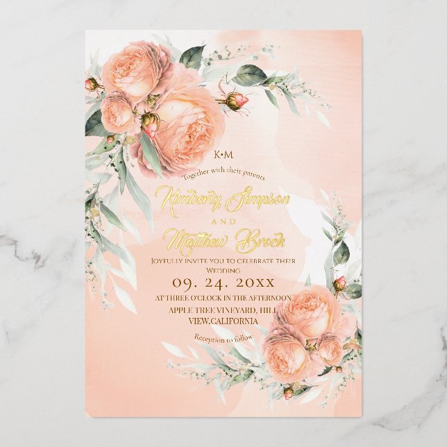 Blush Pink White Rose Wedding Foil Invitation (Front)