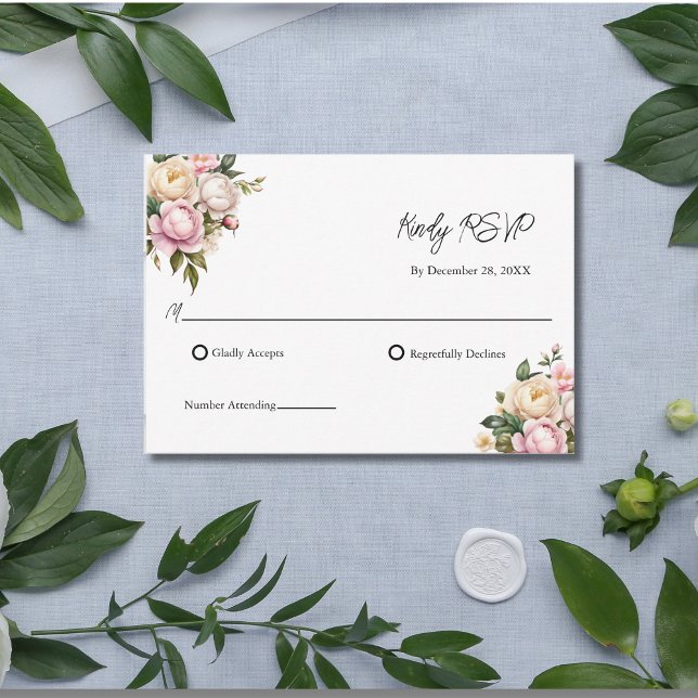 Blush Pink White Roses Floral Elegant Wedding RSVP (Blush Pink White Cream Roses Wedding RSVP Card)
