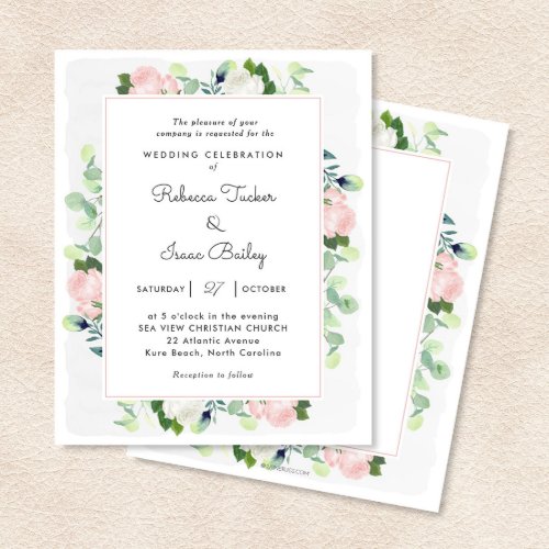 Blush Pink White Roses Greenery Wedding Invitation