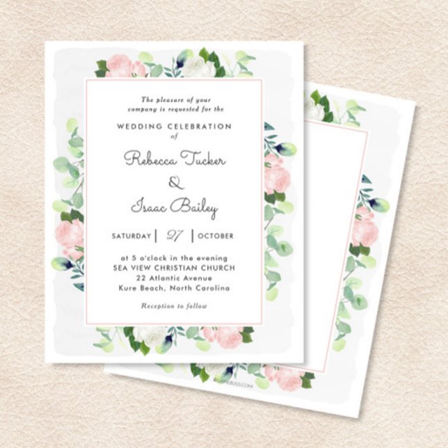 Blush Pink White Roses Greenery Wedding Invitation (Creator Uploaded)