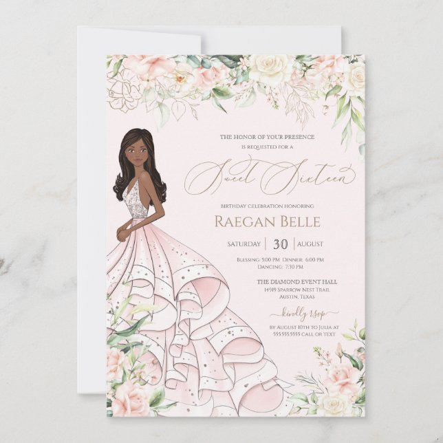 Blush Pink White Roses Luxury Gown Sweet Sixteen Invitation (Front)