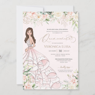 Blush Pink White Roses Luxury Quince Anos Birthday Invitation