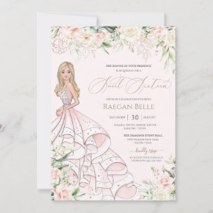 Blush Pink White Roses Luxury Sweet Sixteen Invitation