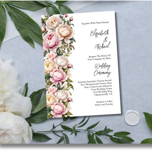 Blush Pink White Roses Peonies Floral Wedding Invitation