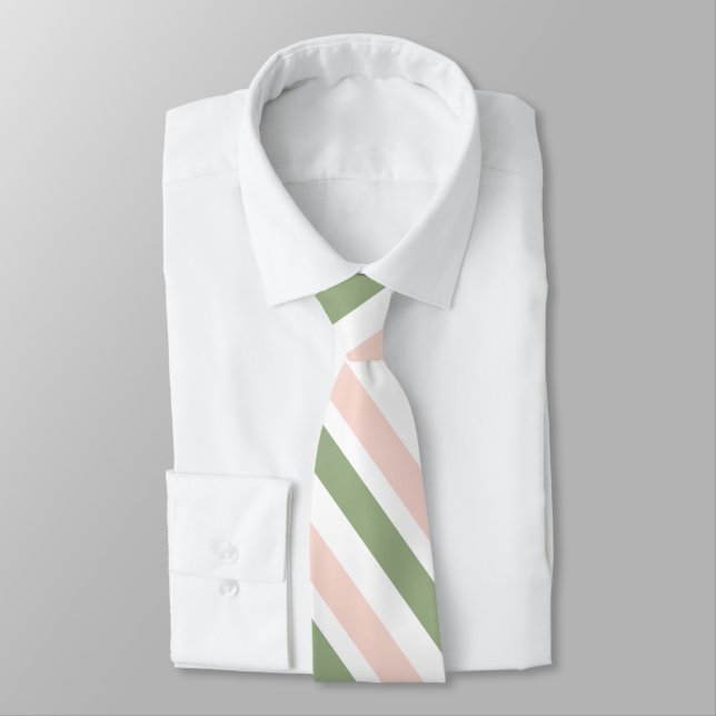 Blush Pink White Sage Green Stripes Neck Tie (Tied)